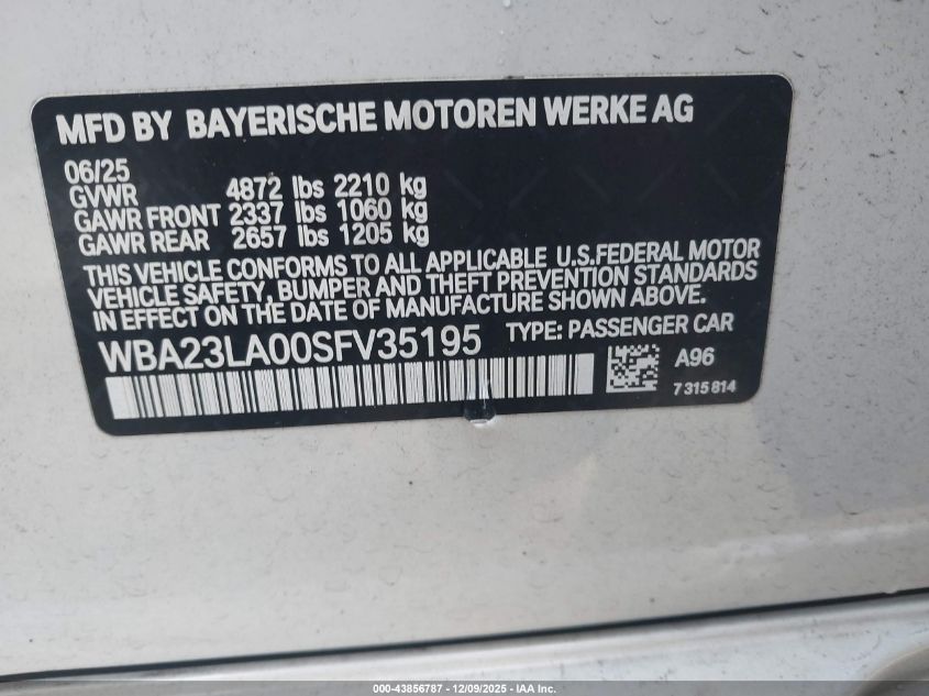2025 BMW 330I xDrive VIN: WBA23LA00SFV35195 Lot: 43856787