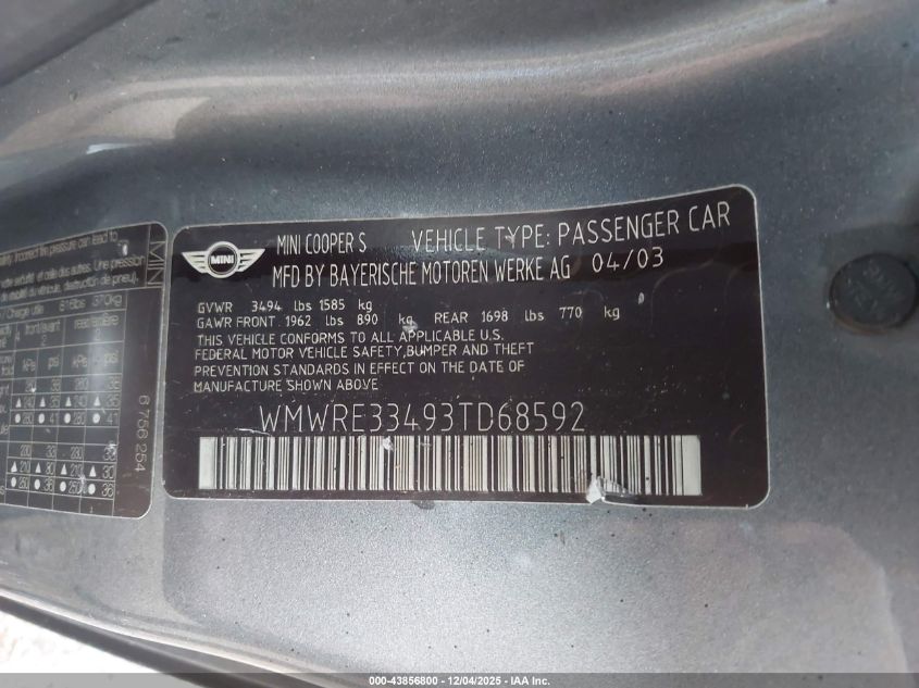 2003 Mini Cooper S VIN: WMWRE33493TD68592 Lot: 43856800