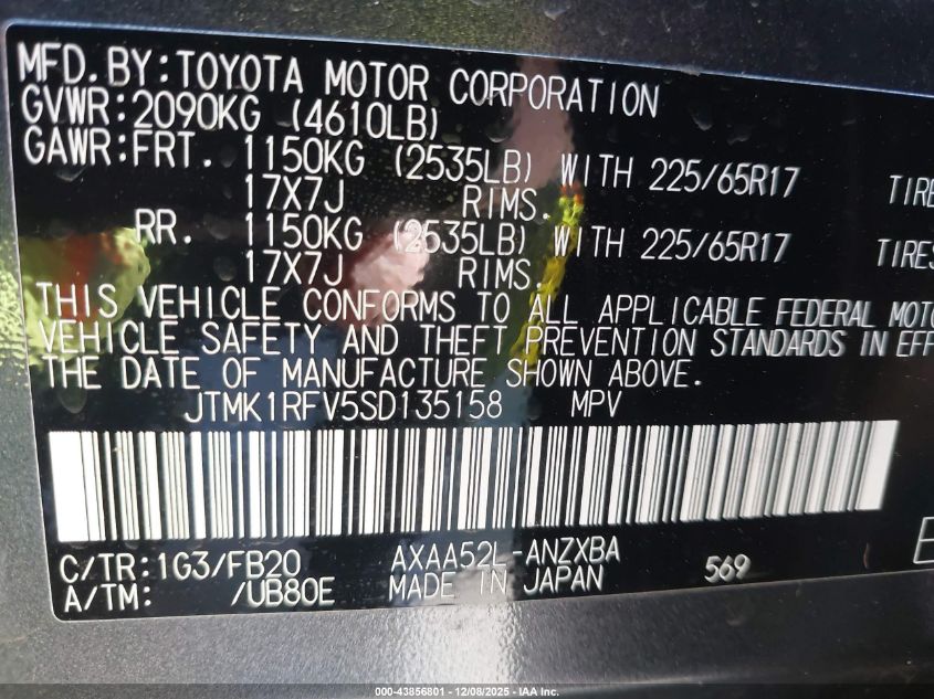 2025 Toyota Rav4 Le VIN: JTMK1RFV5SD135158 Lot: 43856801