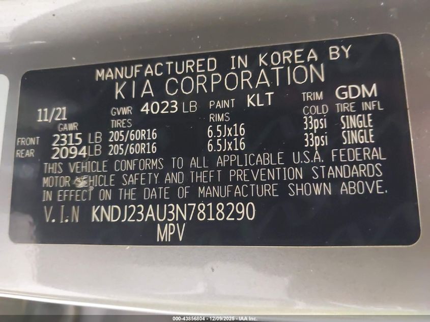 2022 Kia Soul S VIN: KNDJ23AU3N7818290 Lot: 43856804