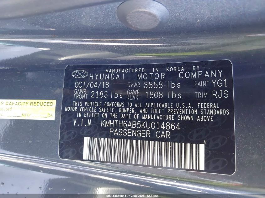 2019 Hyundai Veloster Turbo Ultimate VIN: KMHTH6AB5KU014864 Lot: 43856814