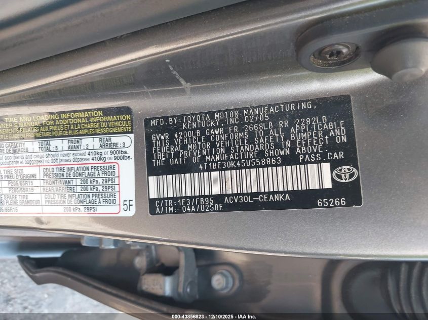 2005 Toyota Camry Le VIN: 4T1BE30K45U558863 Lot: 43856823