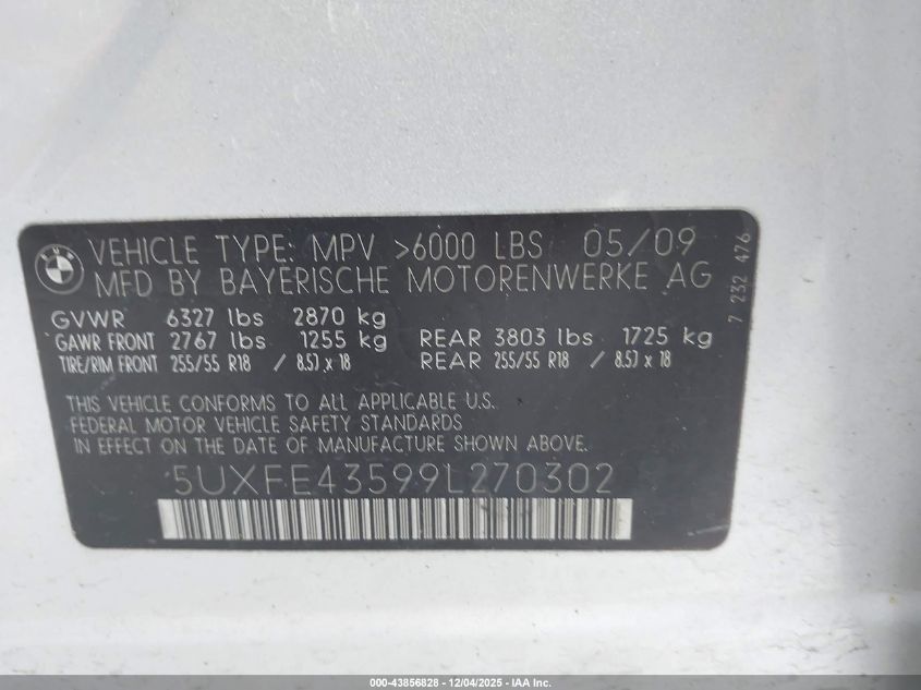 2009 BMW X5 xDrive30I VIN: 5UXFE43599L270302 Lot: 43856828