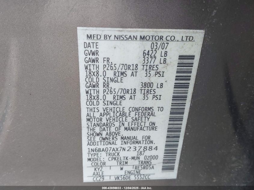 2007 Nissan Titan Se VIN: 1N6BA07AX7N237884 Lot: 43856833