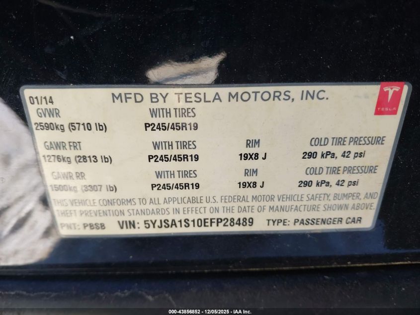 2014 Tesla Model S VIN: 5YJSA1S10EFP28489 Lot: 43856852