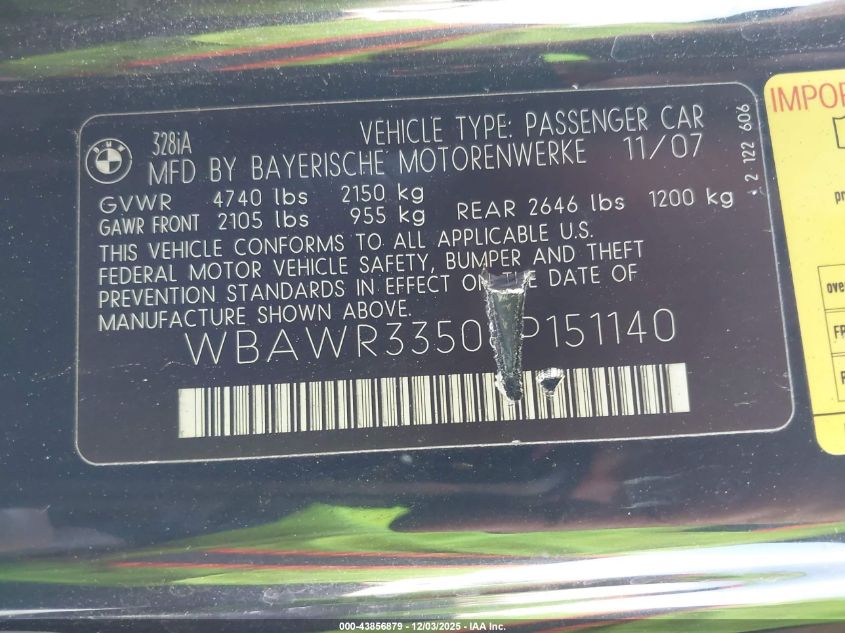 2008 BMW 328I VIN: WBAWR33508P151140 Lot: 43856879