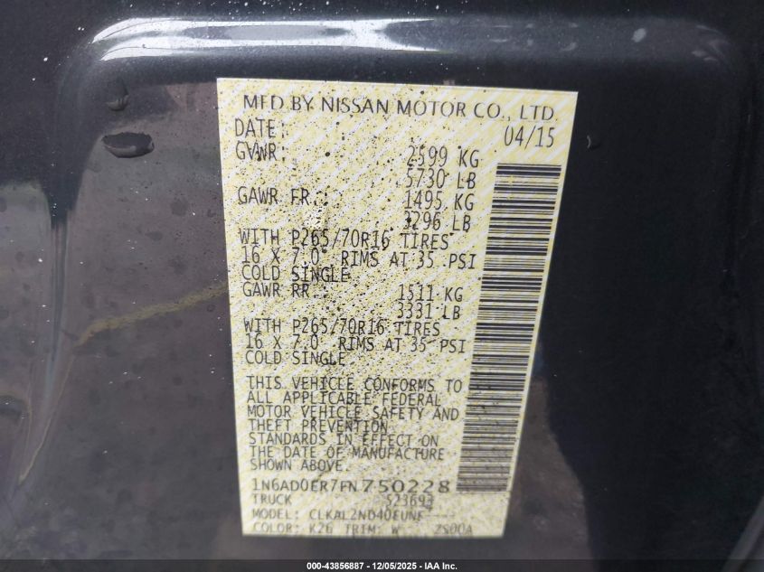 2015 Nissan Frontier Sv VIN: 1N6AD0ER7FN750228 Lot: 43856887