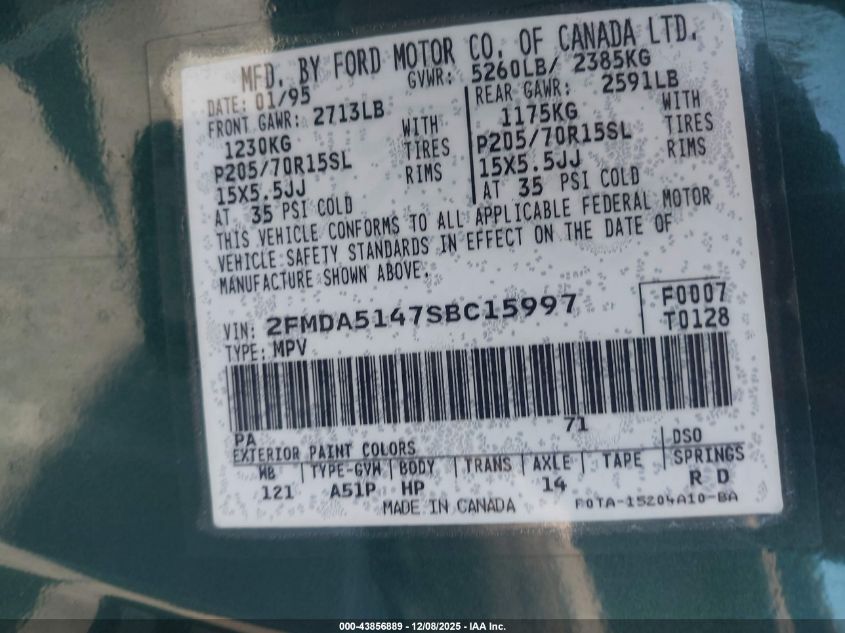 1995 Ford Windstar Wagon VIN: 2FMDA5147SBC15997 Lot: 43856889