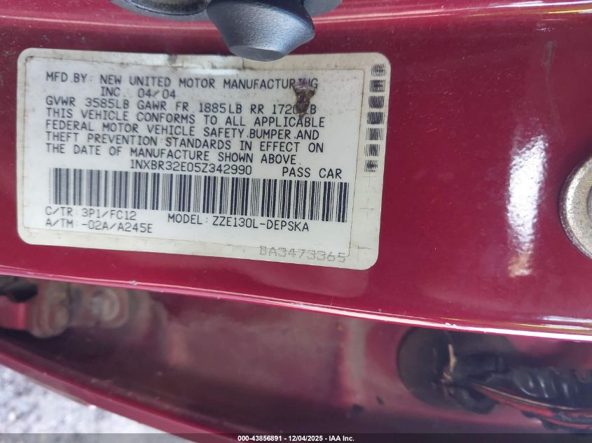 2005 Toyota Corolla S VIN: 1NXBR32E05Z342990 Lot: 43856891