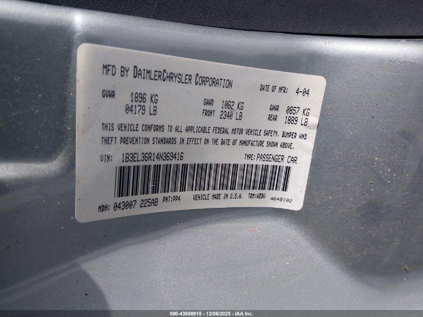 2004 Dodge Stratus Se VIN: 1B3EL36R14N369416 Lot: 43856915