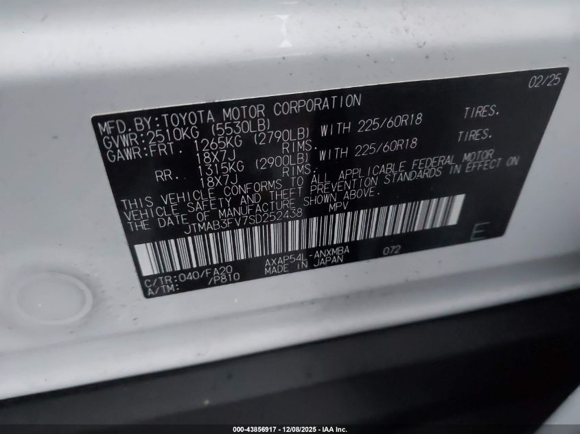 2025 Toyota Rav4 Plug-In Hybrid Se VIN: JTMAB3FV7SD252438 Lot: 43856917