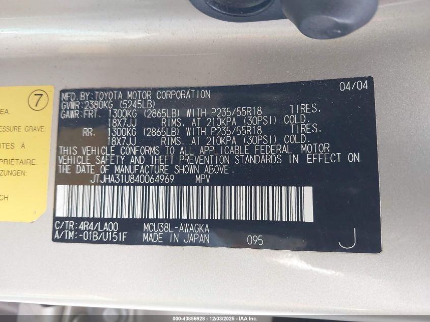 2004 Lexus Rx 330 VIN: JTJHA31U840064969 Lot: 43856928