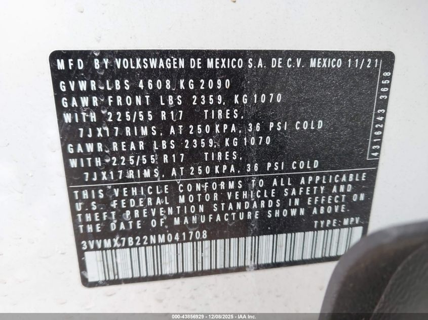 2022 Volkswagen Taos 1.5T S VIN: 3VVMX7B22NM041708 Lot: 43856929