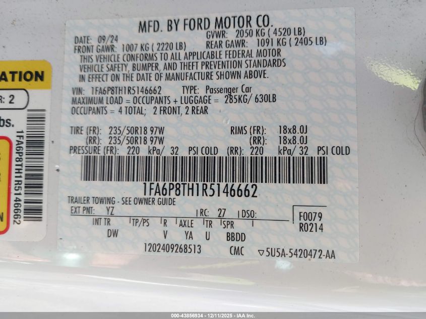 2024 Ford Mustang Ecoboost Fastback VIN: 1FA6P8TH1R5146662 Lot: 43856934