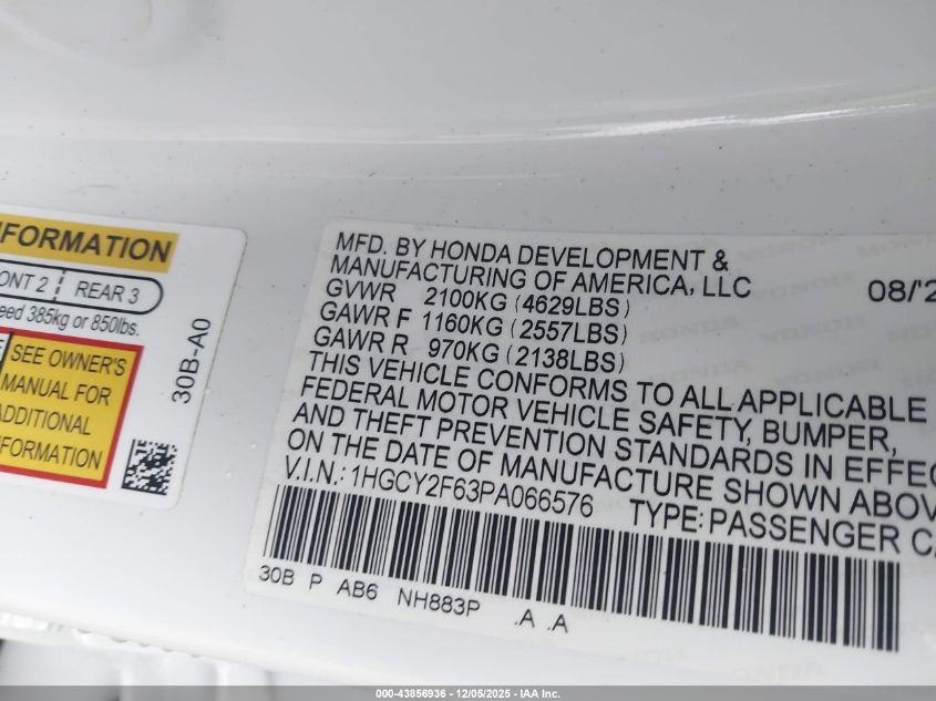 2023 Honda Accord Hybrid Ex-L VIN: 1HGCY2F63PA066576 Lot: 43856936