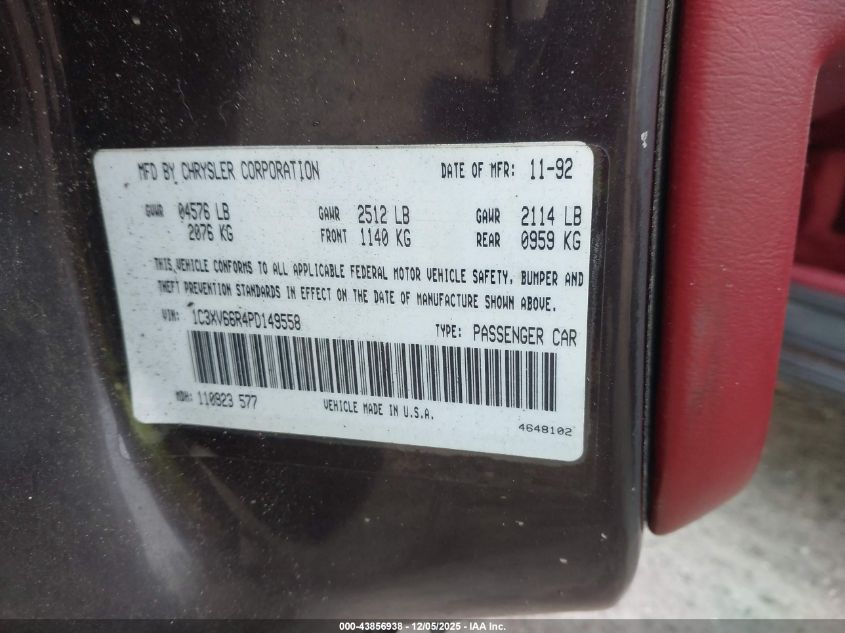 1993 Chrysler New Yorker Fifth Avenue VIN: 1C3XV66R4PD149558 Lot: 43856938