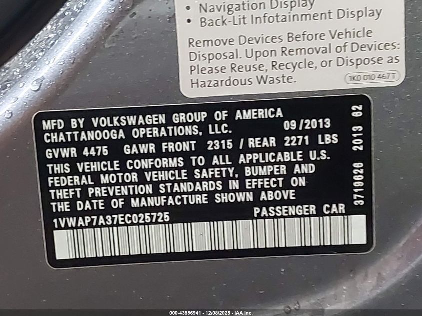 2014 Volkswagen Passat 2.5L S VIN: 1VWAP7A37EC025725 Lot: 43856941