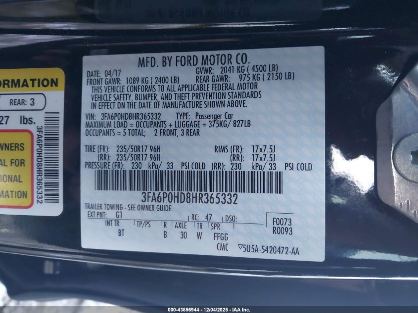 2017 Ford Fusion Se VIN: 3FA6P0HD8HR365332 Lot: 43856944