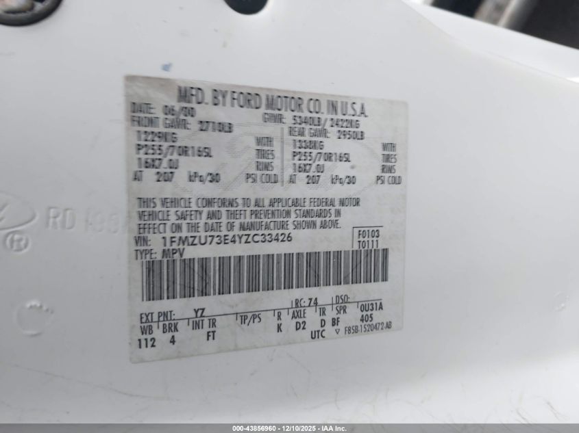 2000 Ford Explorer Xlt VIN: 1FMZU73E4YZC33426 Lot: 43856960
