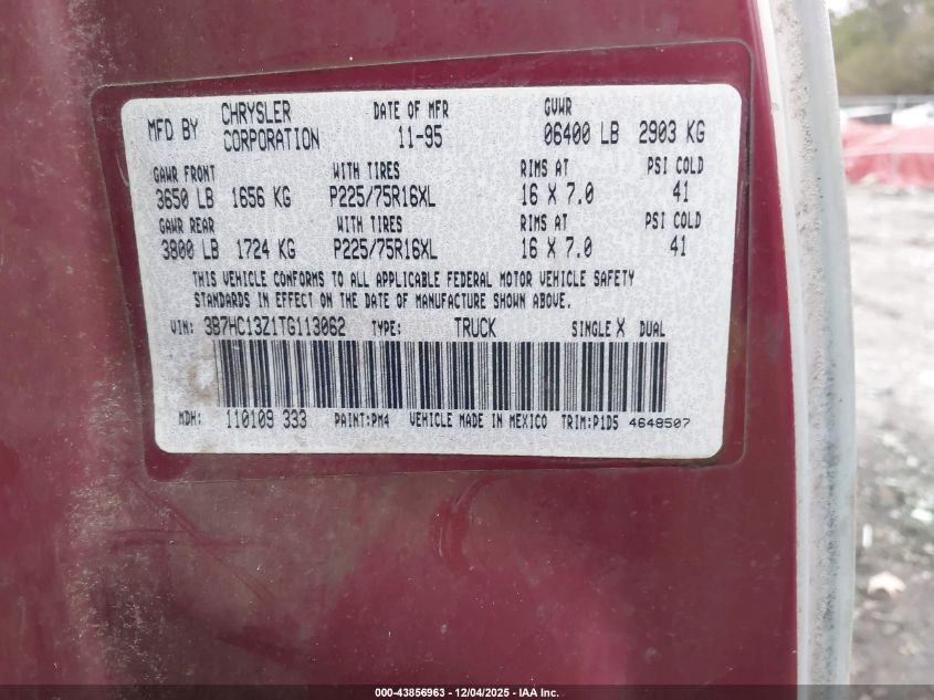 1996 Dodge Ram 1500 VIN: 3B7HC13Z1TG113062 Lot: 43856963