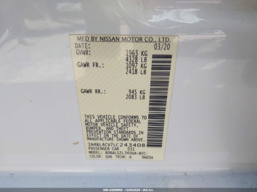 2020 Nissan Altima Sr Fwd VIN: 1N4BL4CV7LC243408 Lot: 43856968