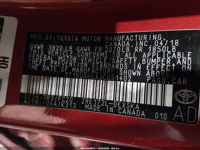 2018 Toyota Corolla Se VIN: 2T1BURHEXJC091402 Lot: 43856972