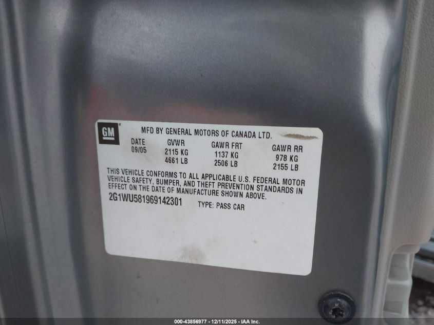 2006 Chevrolet Impala Ltz VIN: 2G1WU581969142301 Lot: 43856977