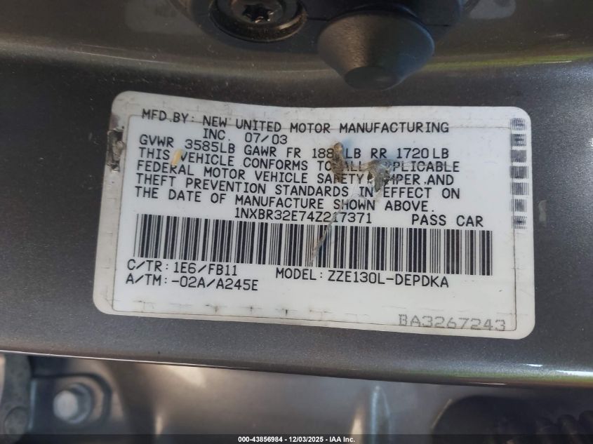 2004 Toyota Corolla Ce VIN: 1NXBR32E74Z217371 Lot: 43856984