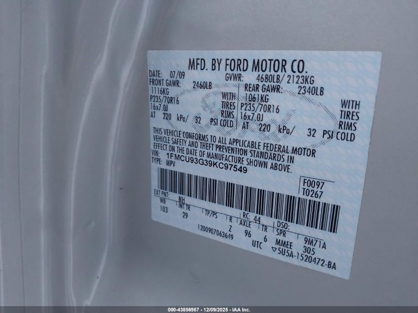 2009 Ford Escape Xlt VIN: 1FMCU93G39KC97549 Lot: 43856987