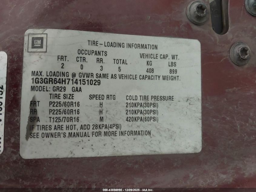 2001 Oldsmobile Aurora 3.5 VIN: 1G3GR64H714151029 Lot: 43856998