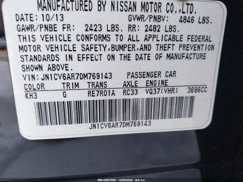 2013 Infiniti G37X VIN: JN1CV6AR7DM769143 Lot: 43857009