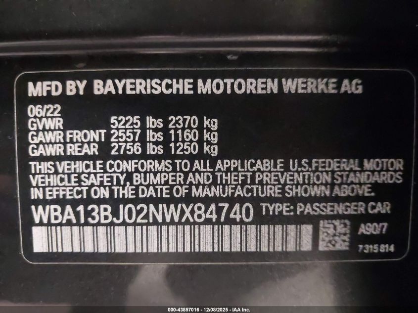 2022 BMW 530 I xDrive VIN: WBA13BJ02NWX84740 Lot: 43857016