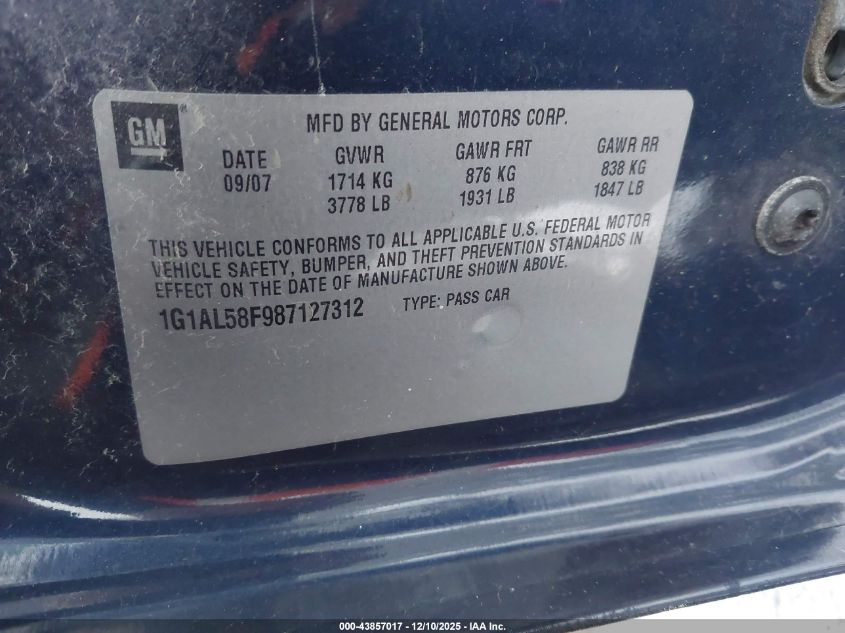 2008 Chevrolet Cobalt Lt VIN: 1G1AL58F987127312 Lot: 43857017