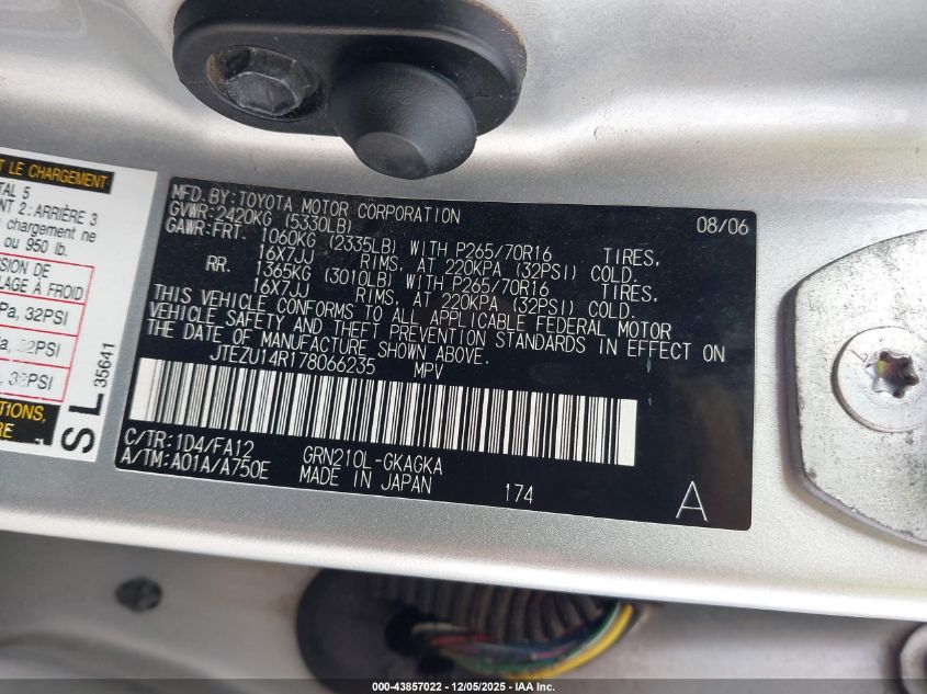 2007 Toyota 4Runner Sr5 V6 VIN: JTEZU14R178066235 Lot: 43857022