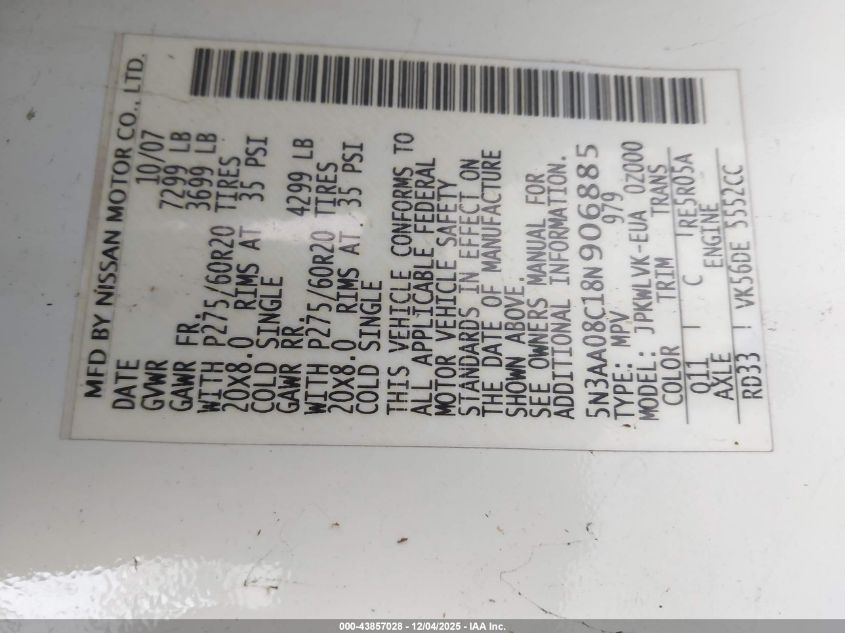 2008 Infiniti Qx56 VIN: 5N3AA08C18N906885 Lot: 43857028