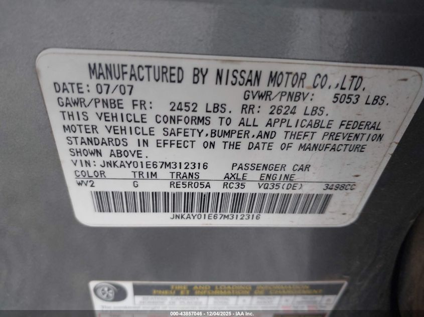 2007 Infiniti M35 VIN: JNKAY01E67M312316 Lot: 43857046