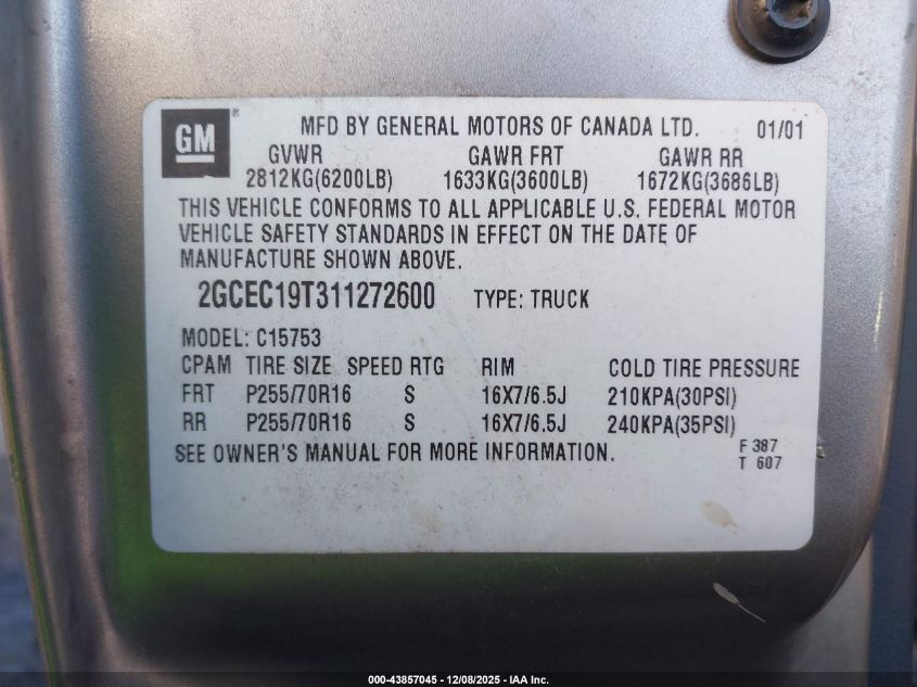 2001 Chevrolet Silverado 1500 Ls VIN: 2GCEC19T311272600 Lot: 43857045