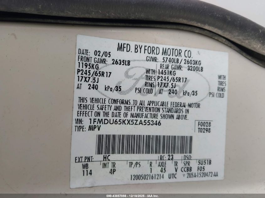 2005 Ford Explorer Limited VIN: 1FMDU65KX5ZA55346 Lot: 43857056