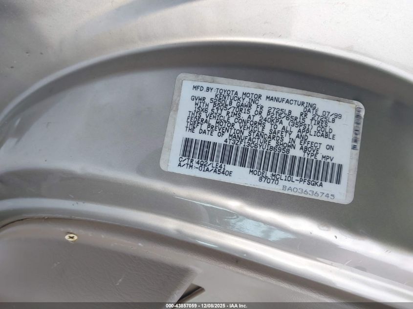 2000 Toyota Sienna Xle VIN: 4T3ZF13C6YU186958 Lot: 43857059