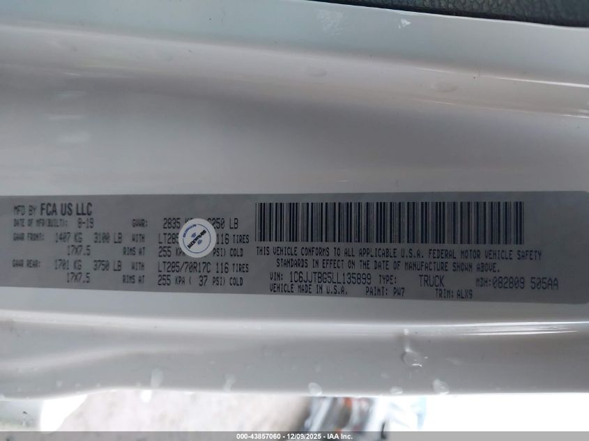 2020 Jeep Gladiator Rubicon 4X4 VIN: 1C6JJTBG5LL135899 Lot: 43922390