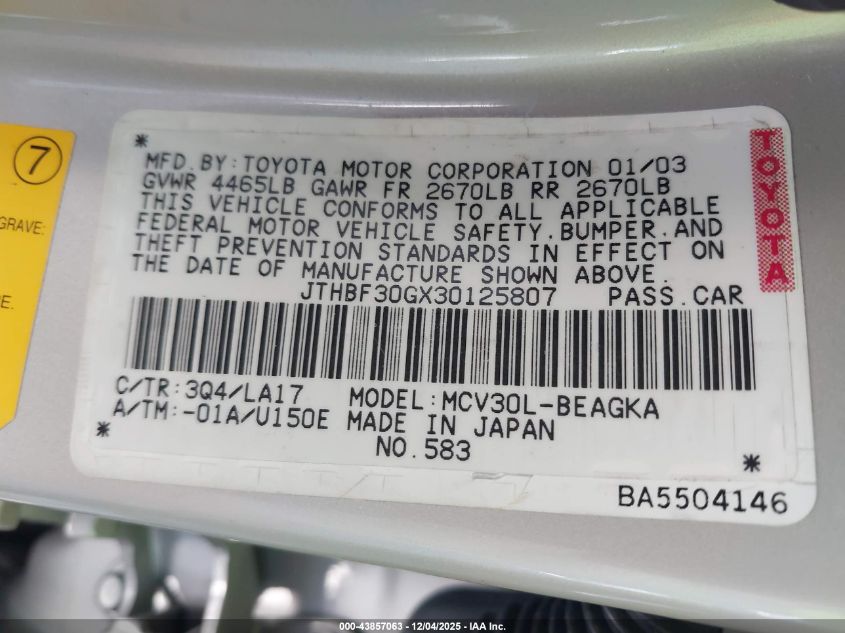 2003 Lexus Es 300 VIN: JTHBF30GX30125807 Lot: 43857063