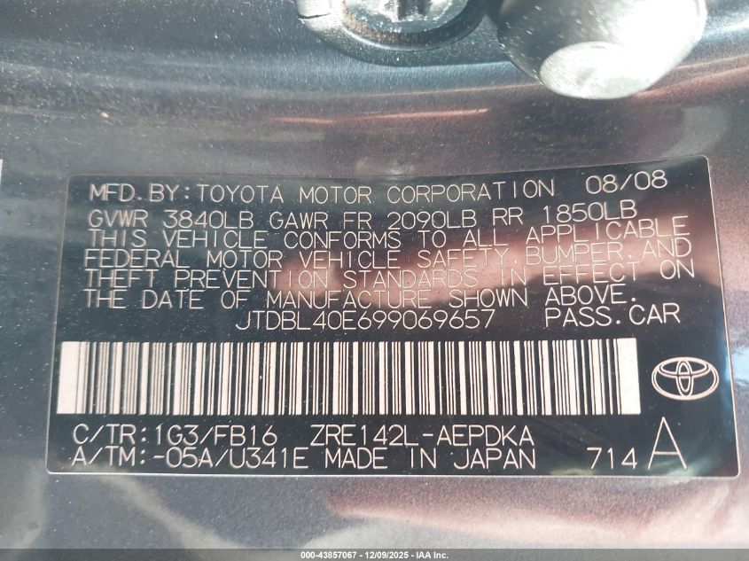 2009 Toyota Corolla Le VIN: JTDBL40E699069657 Lot: 43857067