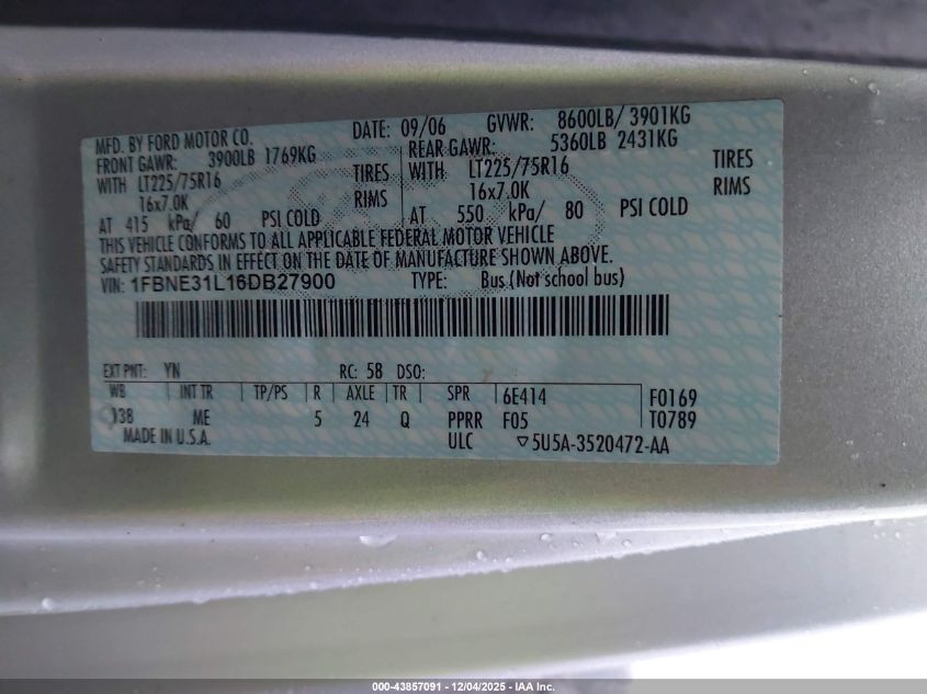 2006 Ford E-350 Super Duty Chateau/Xl/Xlt VIN: 1FBNE31L16DB27900 Lot: 43857091