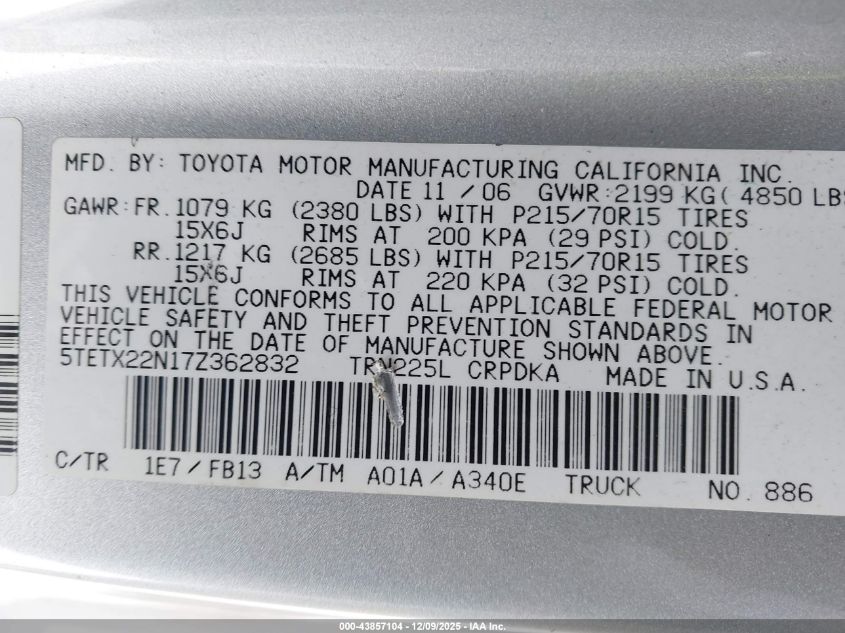 2007 Toyota Tacoma VIN: 5TETX22N17Z362832 Lot: 43857104