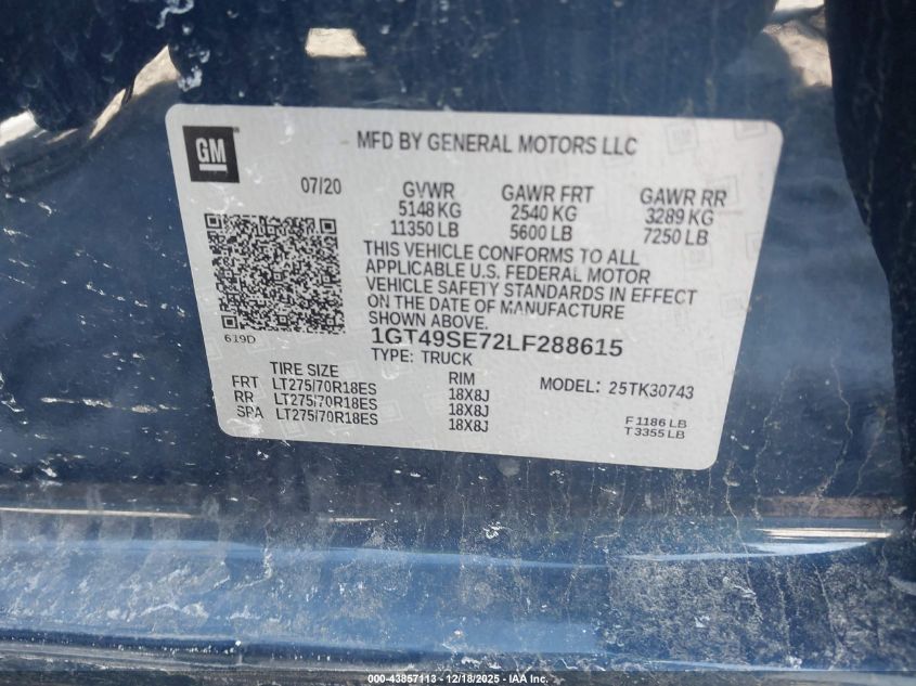 2020 GMC Sierra 3500Hd 4Wd Standard Bed VIN: 1GT49SE72LF288615 Lot: 43857113