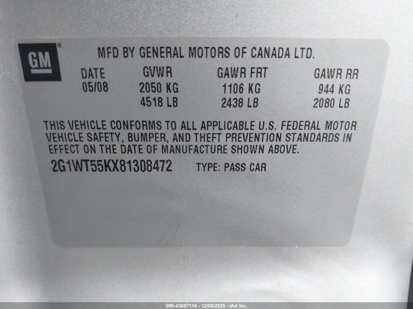 2008 Chevrolet Impala Lt VIN: 2G1WT55KX81308472 Lot: 43857114