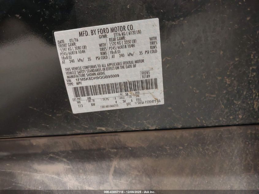 2016 Ford Explorer Xlt VIN: 1FM5K8DH9GGB95009 Lot: 43857118