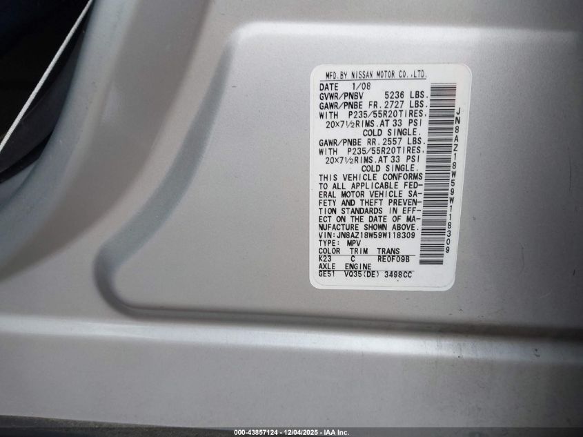 2009 Nissan Murano Le VIN: JN8AZ18W59W118309 Lot: 43857124