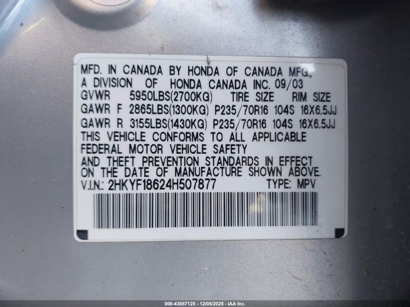 2004 Honda Pilot Ex-L VIN: 2HKYF18624H507877 Lot: 43857125