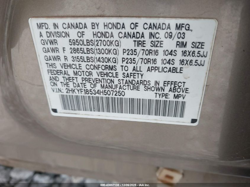 2004 Honda Pilot Ex-L VIN: 2HKYF18534H507250 Lot: 43857138